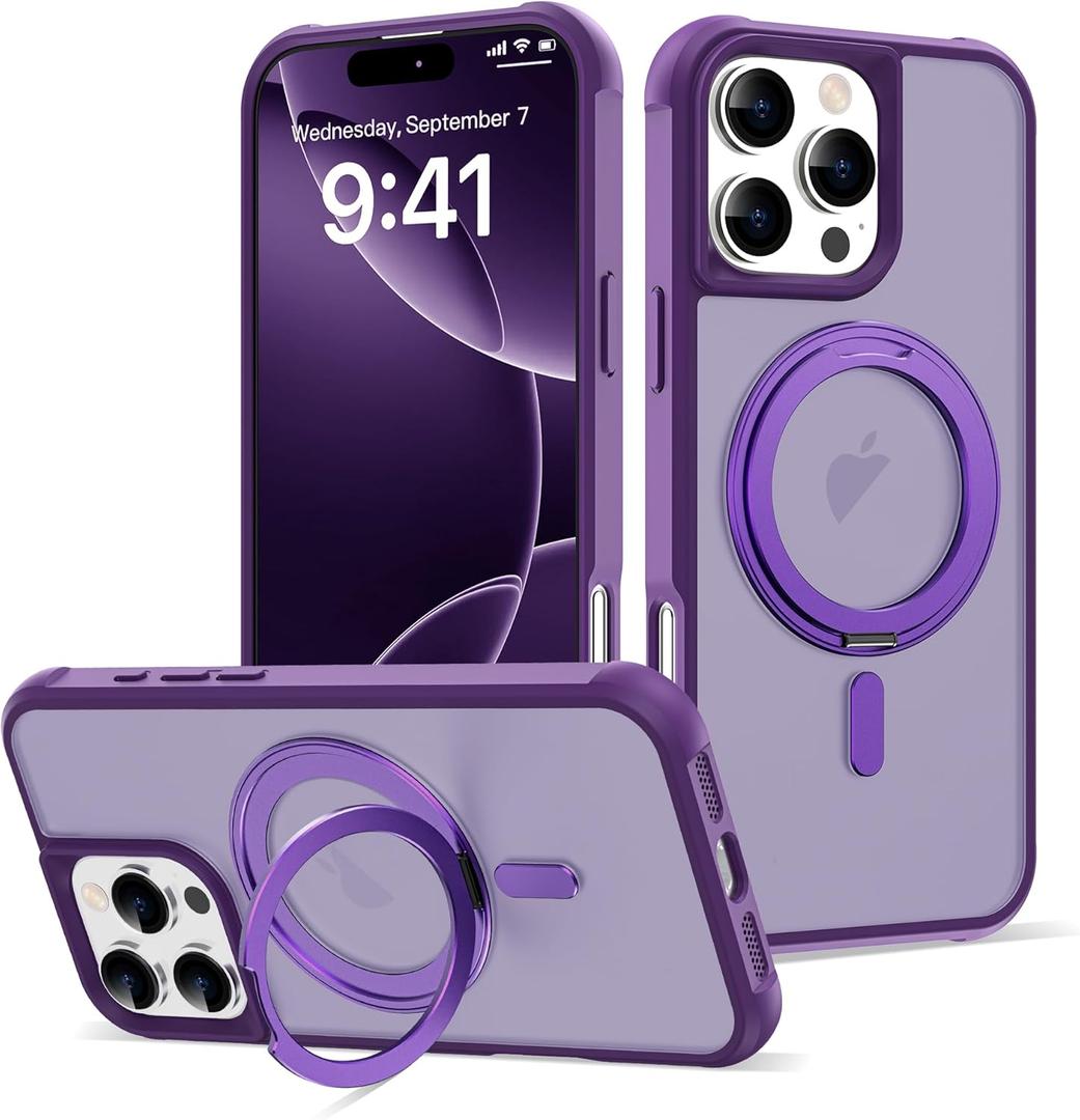for iPhone 16 Pro Max Case with 360 Rotatable Magnetic Ring Stand [Compatible Mag-Safe] [Military Grade Protection] Translucent Matte Phone Cases for Women Men 6.9'', Purple