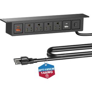 Under Desk Power Strip with Switch, 8 in 1 Mountable Power Strips with 4 USB Ports Fast Charging, Under Desktop Outlet 4 AC Outlets, 6FT Cord for Home Office Desk