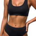 Tempt Me Women Black Scoop Neck Bikini Crop Top High Cut Two Piece Swimsuit Sporty High Waisted Bathing Suit Suit L