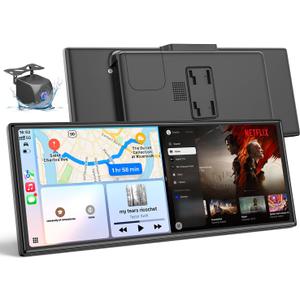 Carplay Screen for Car with Netflix/ YouTube, True 10.26'' Wireless Apple CarPlay & Android Auto Touchscreen with 1080P Backup Camera, Apple Car Play, Built-in Apps, Split-Screen, Dual WiFi, GPS, Siri
