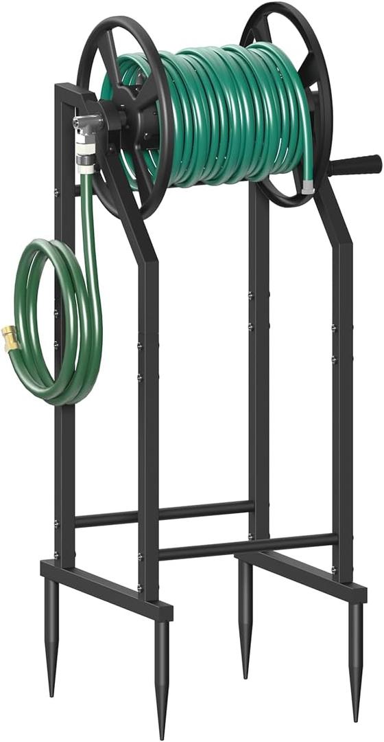 4-Spike Garden Hose Reel with 3.9ft Leader Hose & Stainless Fitting, Outdoor Hose Holder holds 125ft Hose of 5/8", Freestanding Metal Hose Stand for Outside Yard Lawn, Black