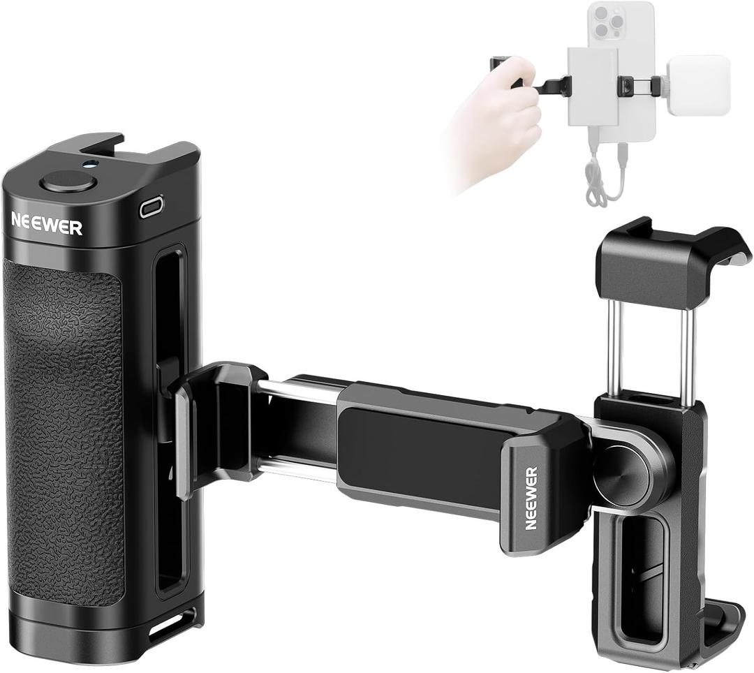 NEEWER Bluetooth Side Handle Shutter Release with 2.2"-3.2"/55-82mm 360 Phone Clamp & SSD Holder, Cold Shoes, 100mAh Rechargeable Battery Compatible with iPhone Samsung T5/T7/T9 SSD, PA028E