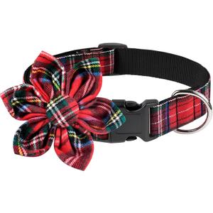 Malier Christmas Dog Collar with Flower, Classic Buffalo Plaid Dog Collar with Buckle Adjustable Christmas Collars with Bow Tie for Small Medium Large Dogs Puppy (Large, Scottish Plaid)
