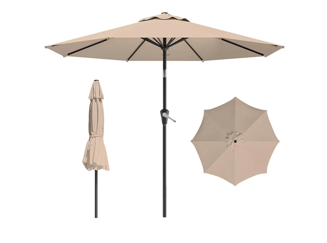 9 FT Patio Umbrella for Outdoor, Outdoor Umbrella with Push Button Tilt and Crank, Outdoor Patio Umbrellas with 8 Sturdy Ribs for Market, Garden, Deck, Backyard, Pool (Khaki)