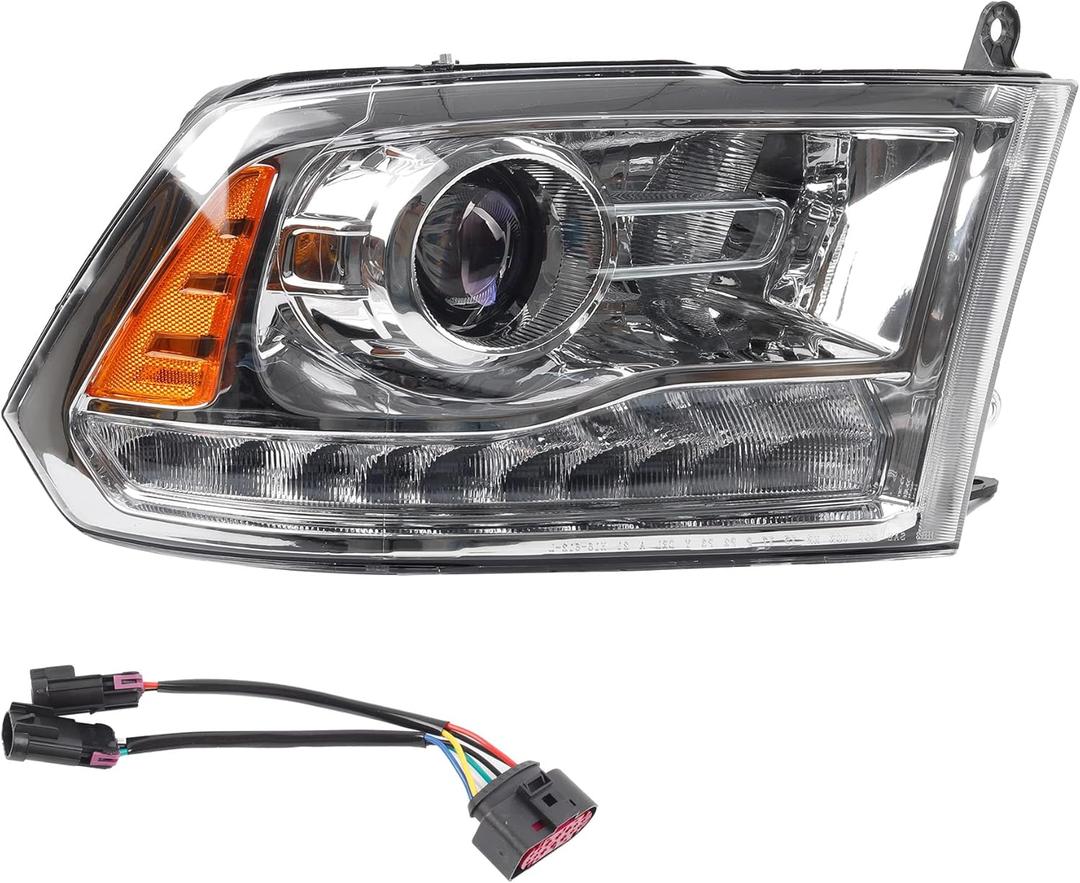 Dasbecan OE Projector Halogen Headlights w/LED Signal DRL Compatible With Dodge Ram 1500 2500 3500 2013-2018 Right Passenger Side Headlamp assembly Chrome Trim w/Bulbs Replaces#68324940AD CH250329
