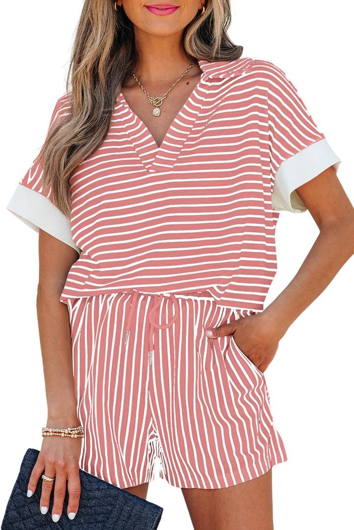 KevaMolly Womens Lounge Sets V Neck Tee and Casual Short Set Casual Pocket Decoration Two Piece Sets (Pink, S)