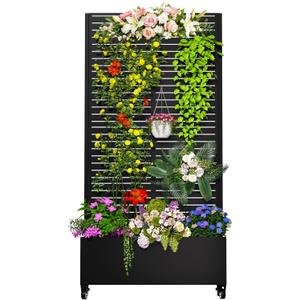 MTART Metal Planter Box with Trellis Outdoor, 72.1"x35.5"x16" Galvanized Raised Garden Bed with Privacy Screen & Drainage Holes & Lockable Casters for Climbing Plants, Vegetable (Louvered-Black)