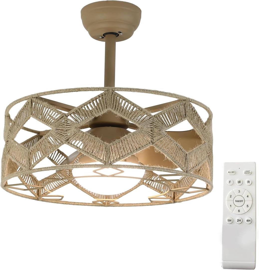 20" Caged Ceiling Fan with Light, Bladeless Industrial Fan with Remote, Fandelier Ceiling Fixture for Bedroom, 6 Speed Reversible, 1/4/8H Timing Dimmable (Brown LED)