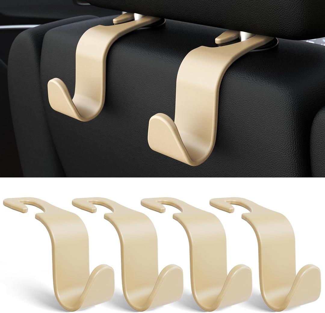 Amooca 4-Pack Car Headrest Hooks Vehicle Storage Organizer for Purses Handbags Groceries Coats Holds 55lbs 360 Rotating Simple Design Beige