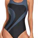 Womens Athletic One Piece Swimsuit Racerback Competitive Training Bathing Suit, Gray/Black, XL