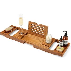 TEAKAURA Teak Bathtub Tray, Bathtub Caddy, Expandable Bath Tub Tray Wood, Bath Table Tray&Bathtub Shelf, Luxury Bathtub & Bathroom Accessories and Organizer, House Warming&Wedding Gifts(Large)