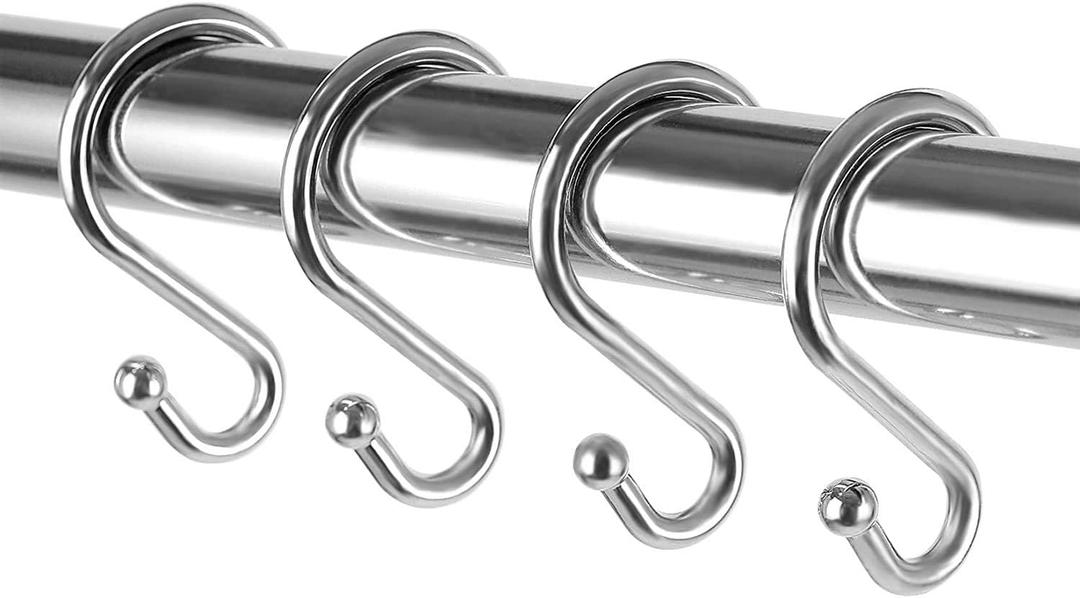 Metal Shower Curtain HooksSet of 12 RingsRust Resistant S Shaped Hooks Hangers for Shower Curtains, Kitchen Utensils, Clothing, Towels, etc. (Chrome)