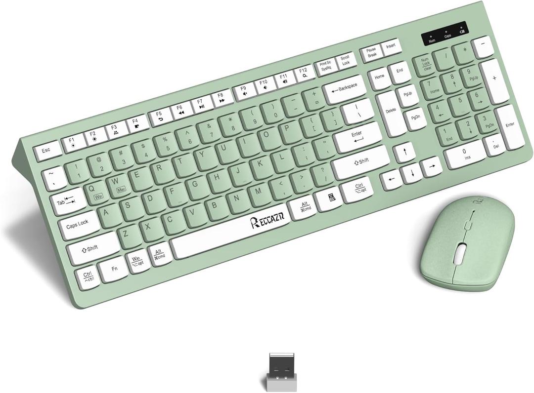 Wireless Keyboard and Mouse Combo, Full-Sized Wireless Keyboard and Adjustable DPI Mouse, 2.4GHz USB Receiver, Keyboard and Mouse for PC, Windows, MAC, Desktop, Laptop (Avocado Green)