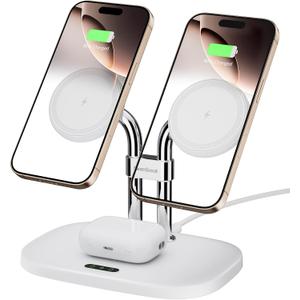 Wireless Charger for iPhone 16 15, SwanScout 706M, Dual Magnetic Charger for iPhone 14/13/12 Series, Charging Station for AirPods Pro 2, AirPods 4/3rd (White)