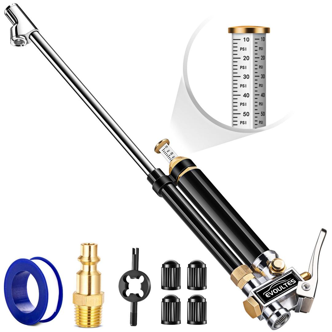 Heavy Duty Tire Inflator with Pressure Gauge, 16.5 Inch Extended Dual Head Air Chuck with Pressure Gauge, 10-120 PSI, Semi Truck Tire Chuck for Rv Car Air Compressor Accessories