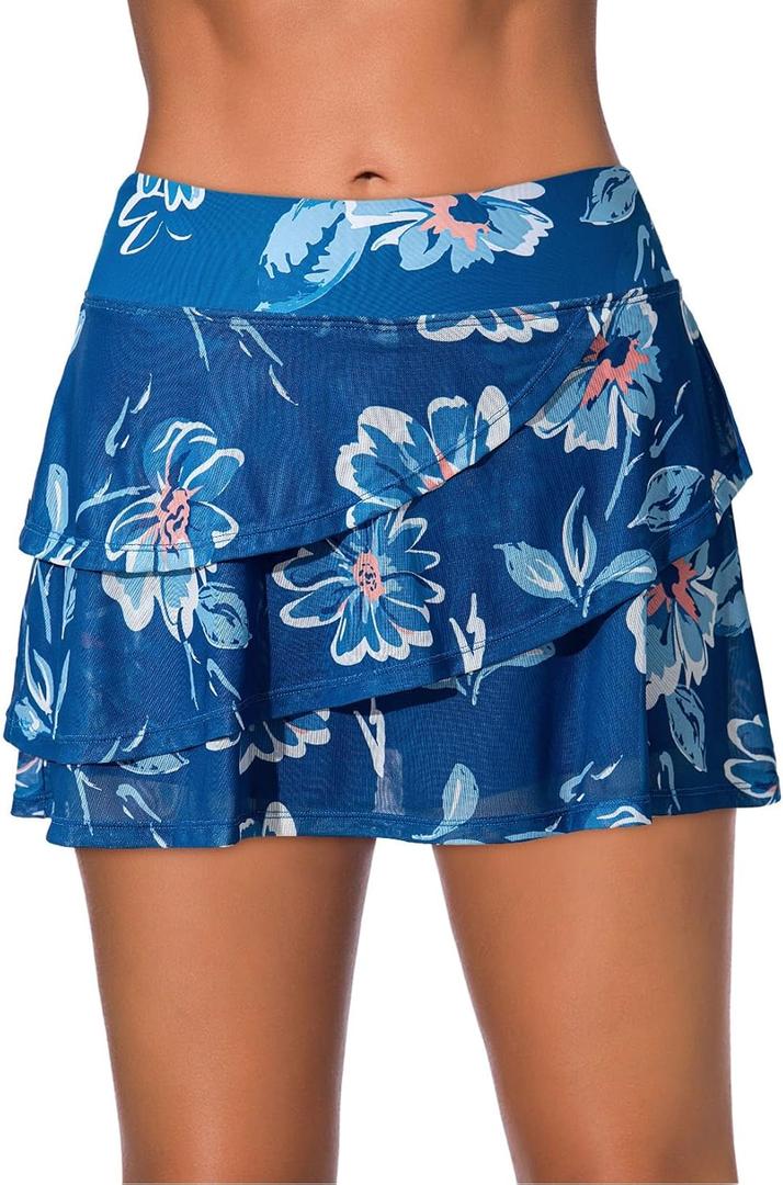 Aleumdr Women's Waistband Layered Swimdress Ruffle Swim Skirt Swimsuit Bottom (Medium, White Leaves)