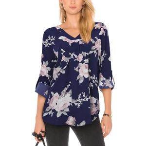 Youtalia Womens Blouses Dressy Casual Business Tops 3/4 Sleeve Chiffon V Neck Work Office Shirts (Small, Multicolor Blue)