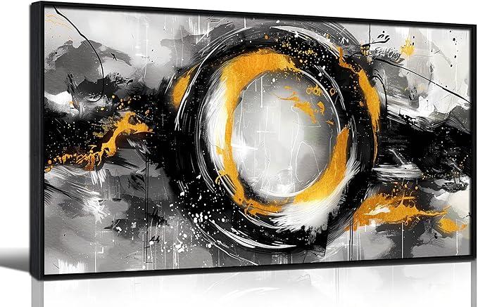 SIXTTART Abstract Circle Wall Art for Living Room - Black White and Gold Modern Canvas Wall Art for Office - Modern Framed Wall Art for Bedroom Size 29" x 59"