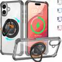 Clear Case for iPhone 16 Case with Magnetic 360 Rotatable Ring Stand [ Compatible with MagSafe ], Heavy Duty Military Grade Cover with Ring Kickstand for Women Men, Transparent Black