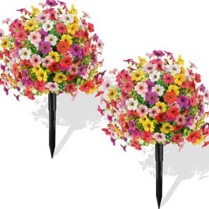 2 Pack Artificial Boxwood Topiary Ball Trees with Violet Flowers Spikes for Outdoors 23" UV Resistant Artificial Greenery Shrubs Fake Evergreen Bushes Plants for Front Porch Garden Patio Spring Decor (Mix Color)