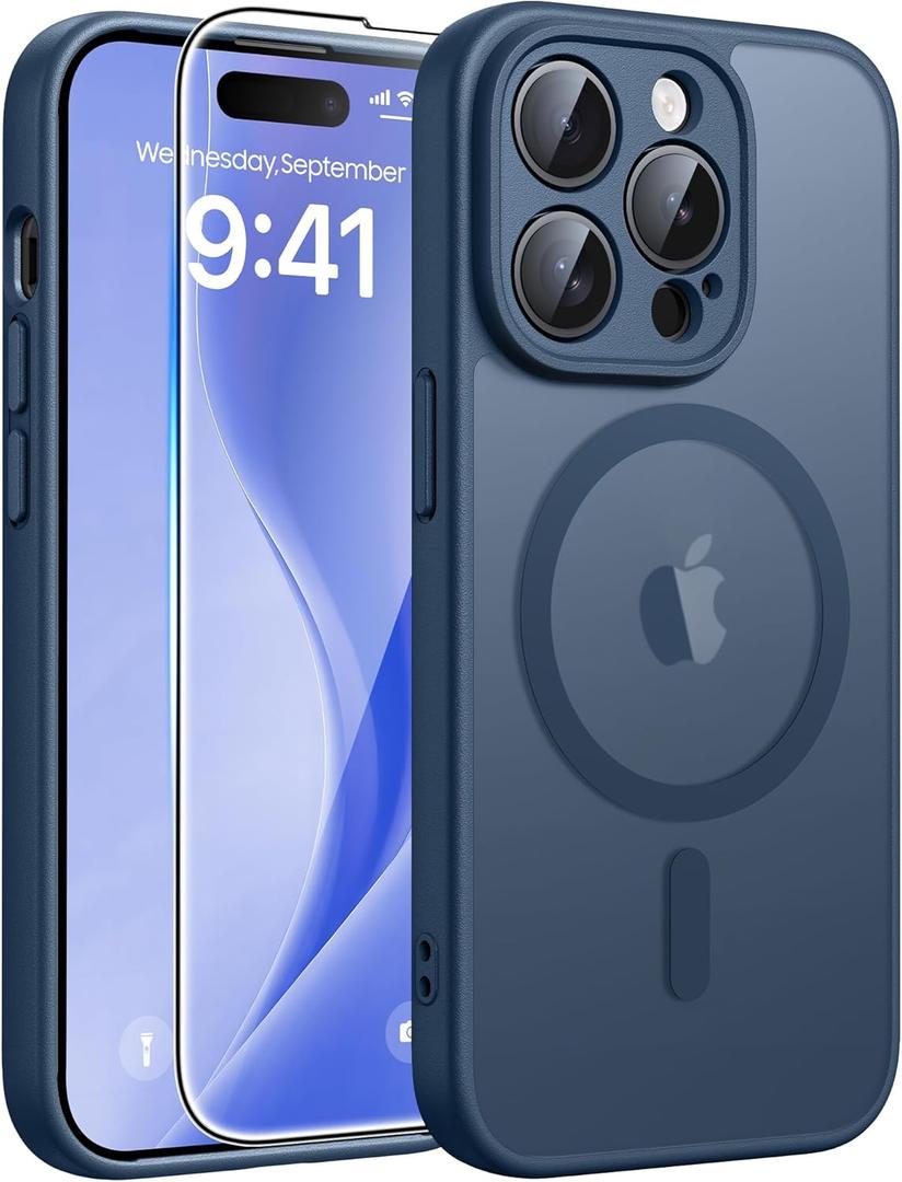 FNTCASE for iPhone 14 Pro Max Case: [Compatible with Magsafe] Translucent Matte Cases with [Full Camera Protection] [Screen Protector] Military Grade Shockproof Protective Phone Cover - Blue