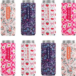 Slim Standard 12oz Can Holder for Beer&Soda, 8 Pack Can Cooler Sleeve for Beverage Soda Drinks, Insulated Neoprene Can Cover, Reusable Can Covers for Women (Multicolor-2, 12oz Slim Can)