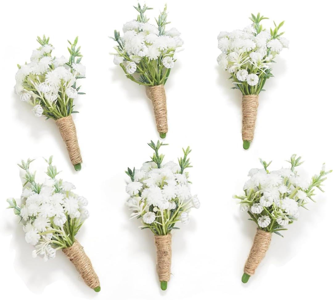 Natural White Boutonnieres for Men Wedding, White Baby's Breath & Green Rosemary Boutonniere with Pins, Groom and Groomsmen Boutonniere for Rustic Fall Vintage Wedding, Prom and Homecoming