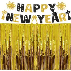New Years Eve Party Supplies 2025, 2 Pack Gold Fringe Backdrop Gold Tinsel Curtains and Glitter Happy New Year Banner, New Years Eve Decorations Photo Props