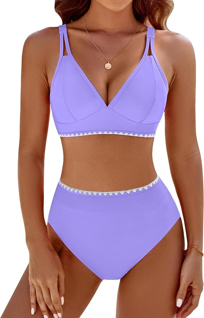 BMJL Women's Bikini Sets V Neck High Waisted Swimsuits Shell Stitched Cheeky Two Piece Bathing Suit, Medium, Purple