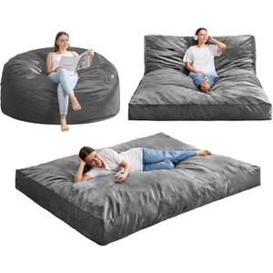 Hobestluk Giant Bean Bag Chair Bed for Adults, Large Bean Bags with High-Density Foam Filling, Convertible Big Sofa Bed Couch for Living Room, Bedroom, Playroom (Grey, Queen) (Light Gray)