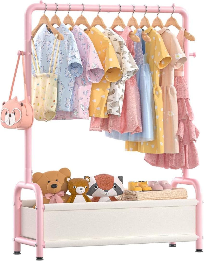 Kids Clothing Rack with Storage Shelf, Kids Dress Up Storage for Coats, Small Baby Garment Rack for Hanging Clothes, Toddler Wardrobe Closet Organizer (Classic, Pink)