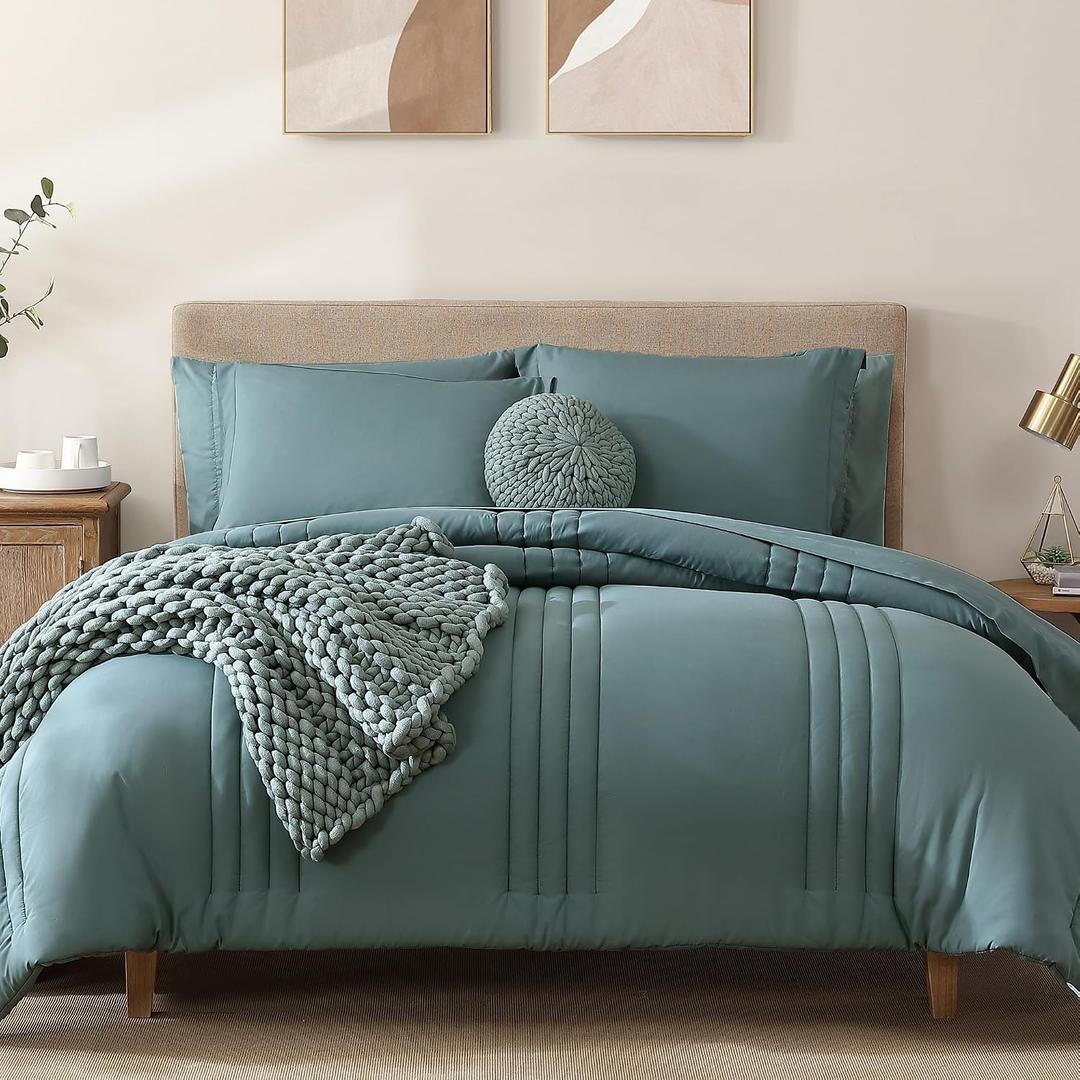 Monbix King Size Comforter Set - 7 Pieces Bed in a Bag King, Blue Green Bedding Sets with Comforter, All Seasons Comforter Bed Set with Sheets, Pillowcases & Shams