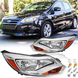 Headlights Assembly with Bulbs for 2012 2013 2014 Ford Focus 3rd Gen Pre-Facelift Halogen Headlamps Replacement Driver and Passenger Side Pair, Chrome Housing Amber Reflector