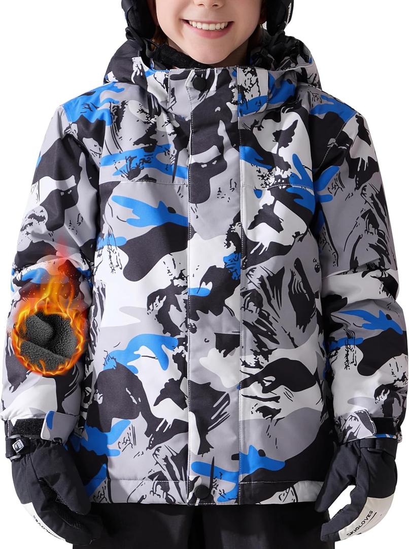 FREE SOLDIER Boys Girls Waterproof Ski Jacket Fleece Lined Warm Winter Snow Coat Kids Winter Jacket with Detachable Hood (6-7 Years, Green Camo)