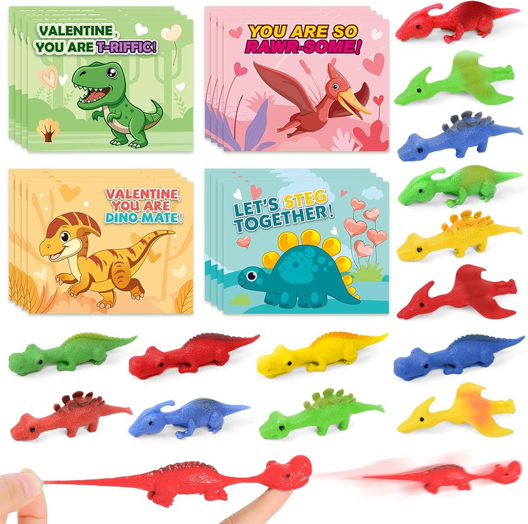 32 Pack Valentines Day Cards for Kids with Slingshot Dinosaur Finger Toys, Valentines Day Gifts for Kid Classroom, Valentines Exchange Cards for Kids, Valentines Party Favors, School Classroom Prize