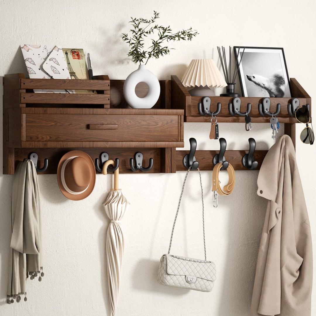 Wall Mounted Coat Rack with Shelf & Drawer, Heavy Duty Solid Wood Entryway Organizer, 29’’ Coat Rack Wall Mount with 12 Metal Hooks, Key & Mail Holder for Living Room, Bedroom