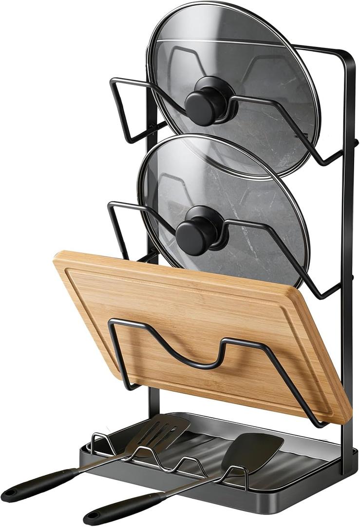 Pot Lid Organizer Rack 3 Tier, Stainless Steel Pot Lid Holder for Countertop & Wall Mount, Multifunctional Pan Cover & Cutting Board Stand with Removable Drip Tray and Spoon Rest, Rustproof