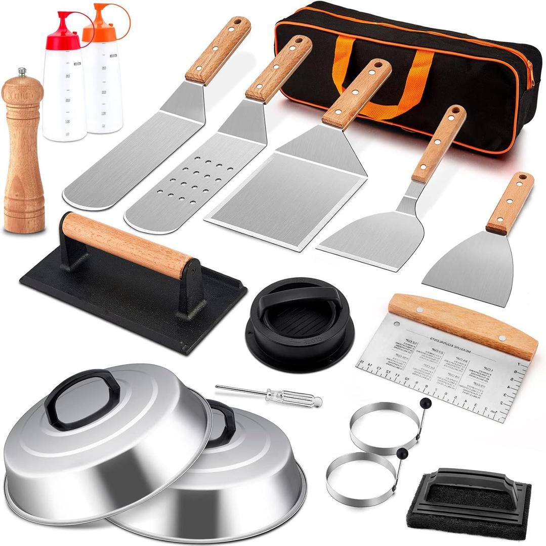 Griddle Accessories Kit, Joyfair 18Pcs Flat Top Grill Accessories for Blackstone, Stainless Steel Hibachi Griddle Tool Set with Spatula, Basting Cover Burger Press for Outdoor BBQ (Wooden Handles)