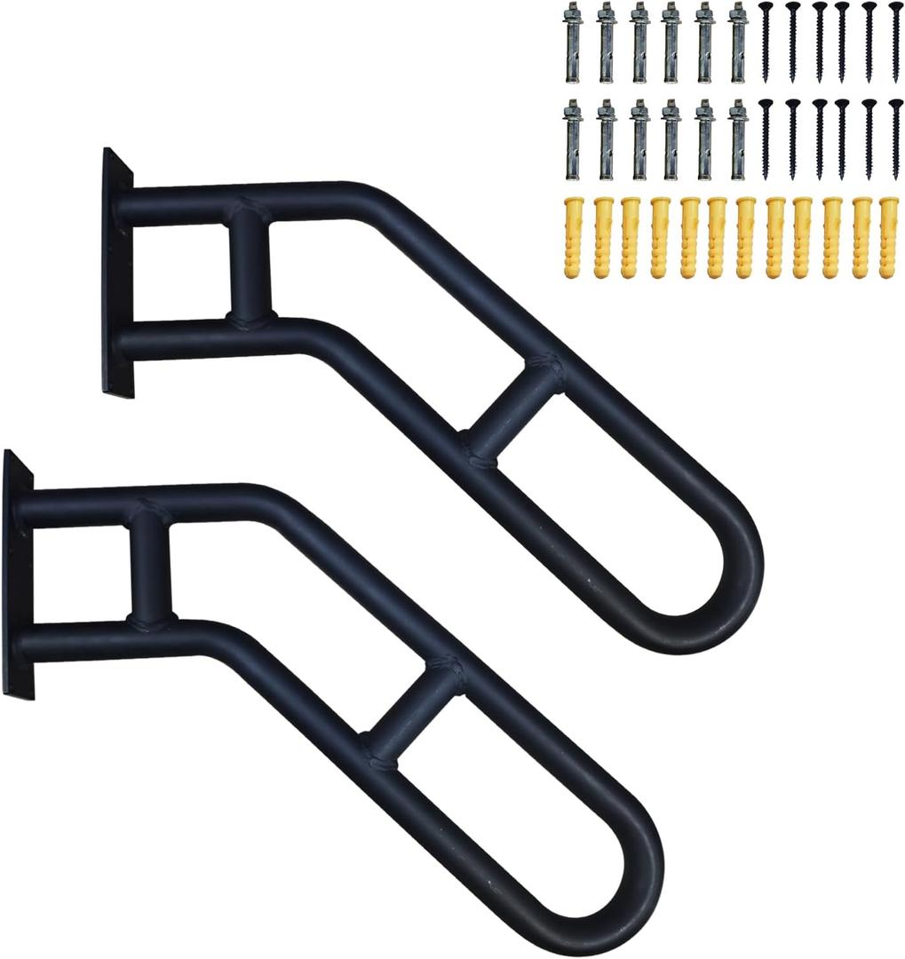2 Pack Bent Stair Handrails for Outdoor StepsHand Railings for 1-3 Steps with Black Matte FinishWall Mounted Railings Safety Grab Bar with 2 Anti-Skid Crossbar for Garage, Porch, Garden, Yard