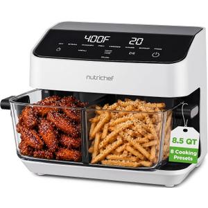 NutriChef 8.5 Quart Family Size Double Glass Basket Air Fryer | 8-in-1 Preset Dual Cook Modes | Glass Fry Bowls for Best Cooking | Cook Steak, Fries & More | Adjustable Temperature & Timer | White, 8.5QT