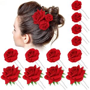 BBTO 12 Pcs Rose Hair Clip Mexican Hair Accessories for Flamenco Dancer Women Mexican Flowers Bridal Flower Clips for Wedding Dance Birthday Bridesmaid (Red)