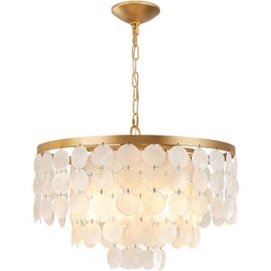 Shell Chandelier, White and Gold Chandelier Light Fixture with 4 Lights Capiz Seashell Pendant for Foyer,Kitchen Island,Entryway,Dining Room (18" Coastal Chandeliers)