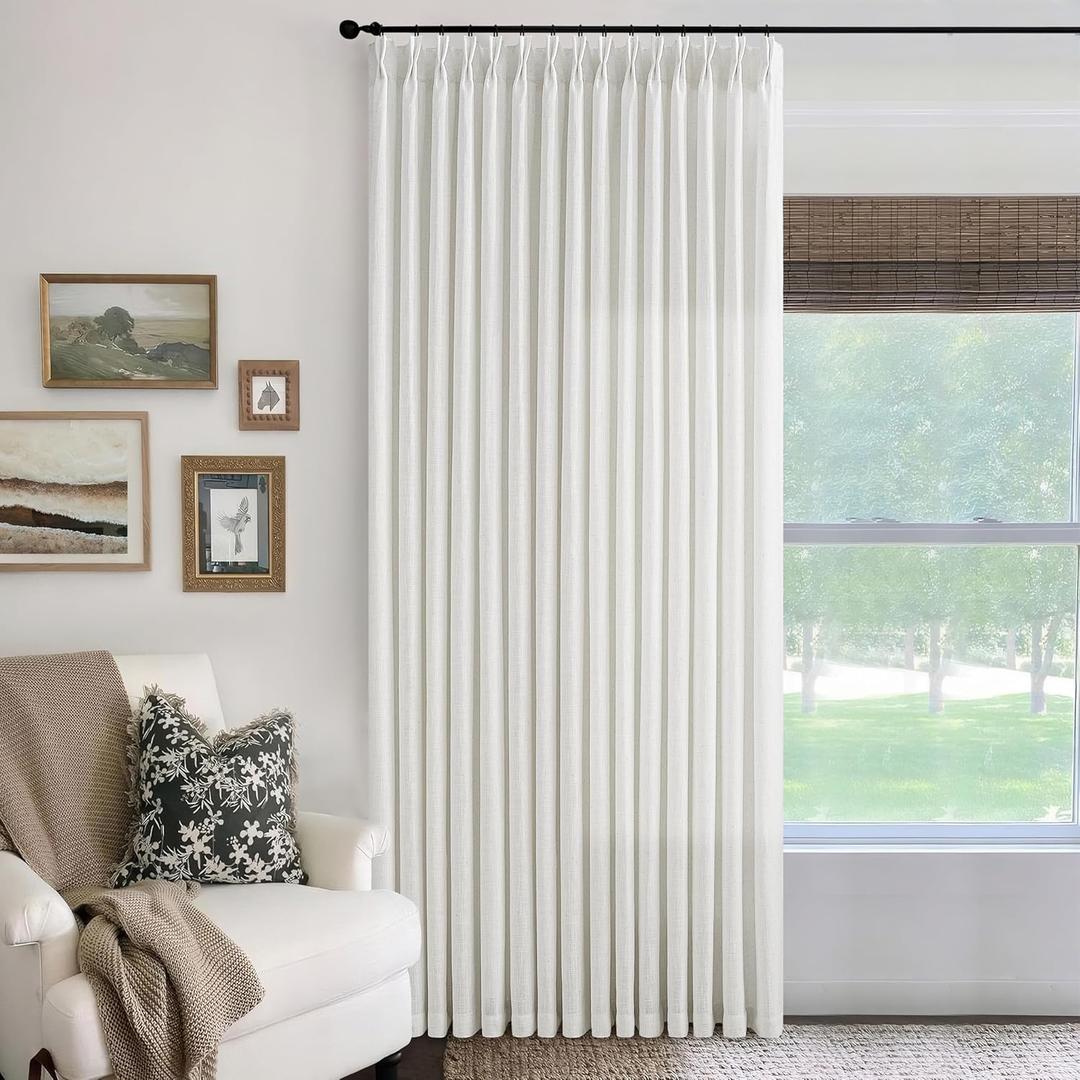 Extra Wide 100 Inch Wide Ivory White Pinch Pleated Linen Curtains 84 Inches Long for Patio Sliding Glass Door 100 Inch Width Pleated Drapes with Hooks Rings 100x84 Curtain for Living Room 1 Panel