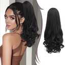PEACOCO Long Wavy Drawstring Ponytail for Black Women - 18 Inch Black Ponytail Extension Synthetic Layered Curls Pony Tails Hair Extensions Hairpiece for Daily Use