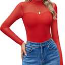 Avidlove Long Sleeve Bodysuits for Women Mock Neck Sheer Mesh Sleeve Bodysuit Double Lined Leotards Shirt Going Out Top (Medium, Red)