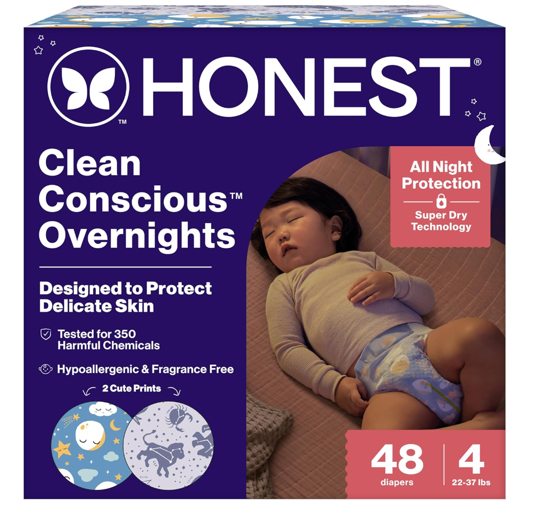 The Honest Company Comfort Dry Overnight Diapers, Up to 12 Hours Protection, Hypoallergenic, Cozy Cloud + Star Signs, Club Box Size 4 (27+ lbs), 40 Count