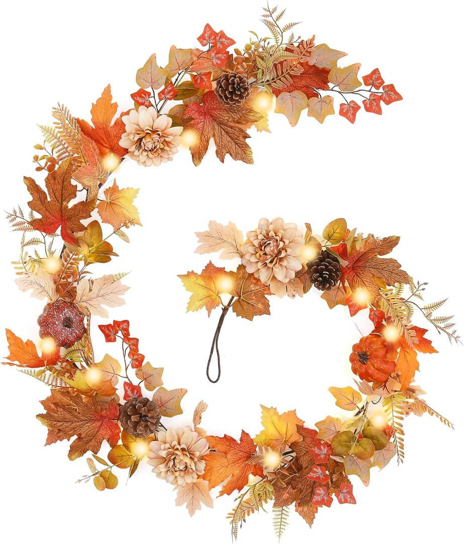 Fall Decor,6 FT Fall Garland for Mantel,Table Centerpiece, Home Porch Fireplace,Door, Lighted Autumn Decoration with Maple Leaves, Pumpkins,Flowers, Pinecones for Thanksgiving, Christmas