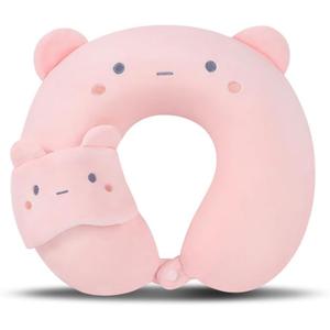 Kids Neck Pillow for Travel with Sleep Eye Mask, Cute Travel Neck Pillow, Memory Foam Flight Sleeping Headrest Pillow for Boys & Girls, Airplane, Train, Car, Home Use - Peach Bear