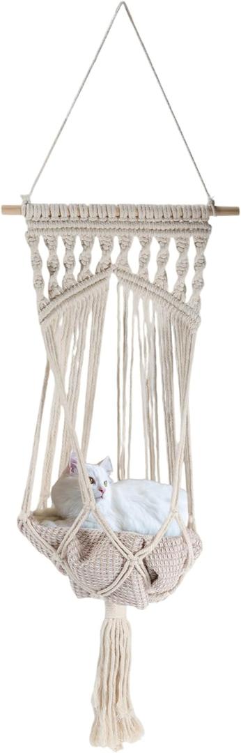 Cat Window Perch, Handwoven Cat Swing, Cat Window Hammock, Hang on Wall Bed for Sleeping Playing, Cat Perch Without Cushion, 43.31" Lx13.78 W, White