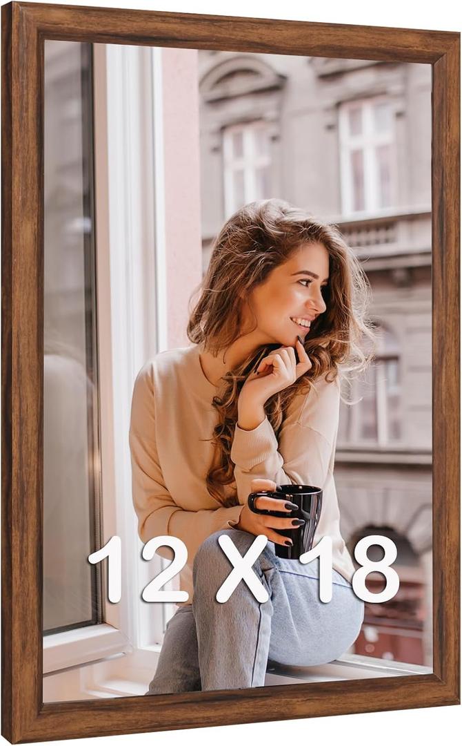 12x18 Wood Frame Brown, Rustic Natural Wooden 18x12in Poster Picture Frame, Distressed 12 x 18inch Woodgrain Gallery Photo Frame with HD Plexiglass, Horizontal Vertical Wall Mounting Display 1pcs